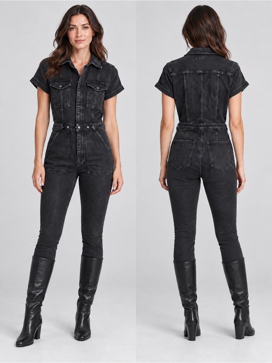 Good American Denim - Good American Fit For Success Black Denim Utility Jumpsuit Women’s  SZ 2